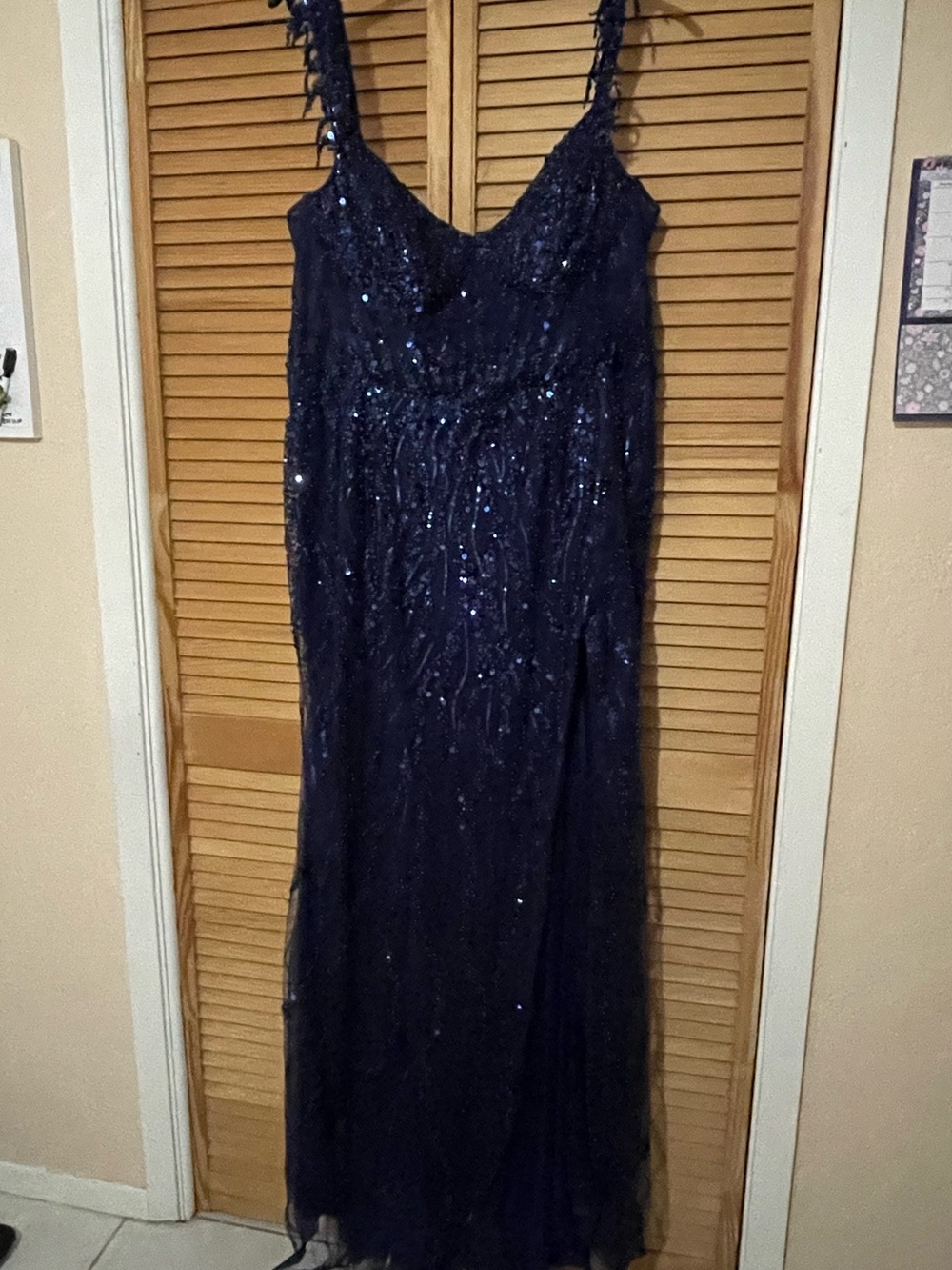 LaDivine by CD Plus size Navy Fringe Off Shoulder Slit Gown -Beaded&Sequins